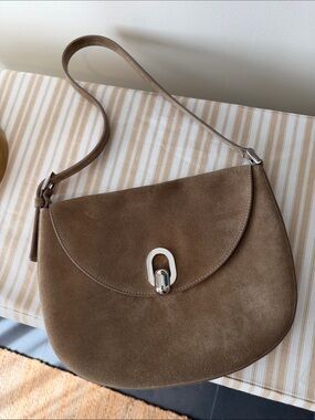 Savette Tondo Taupe Suede Shoulder Bag with Polished Turn-Lock